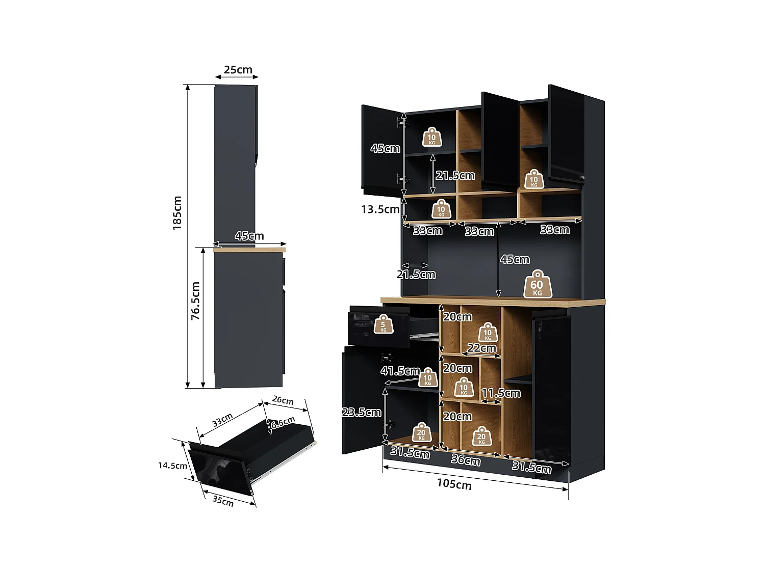 Aparador de cocina de 105 x 45 x 185 cm, mueble de almacenaje con estantes ajustables, para salón, color negro