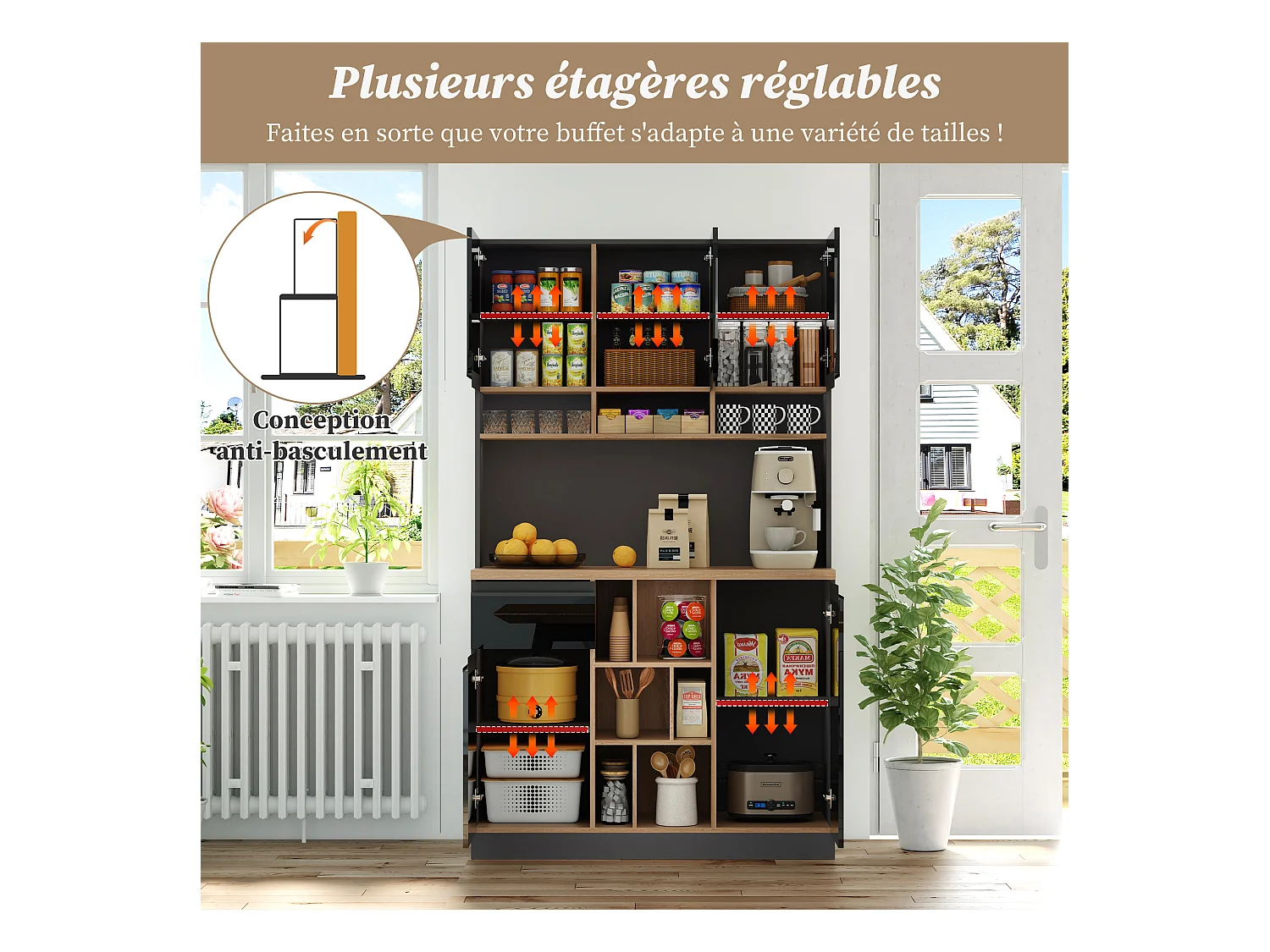 Aparador de cocina de 105 x 45 x 185 cm, mueble de almacenaje con estantes ajustables, para salón, color negro