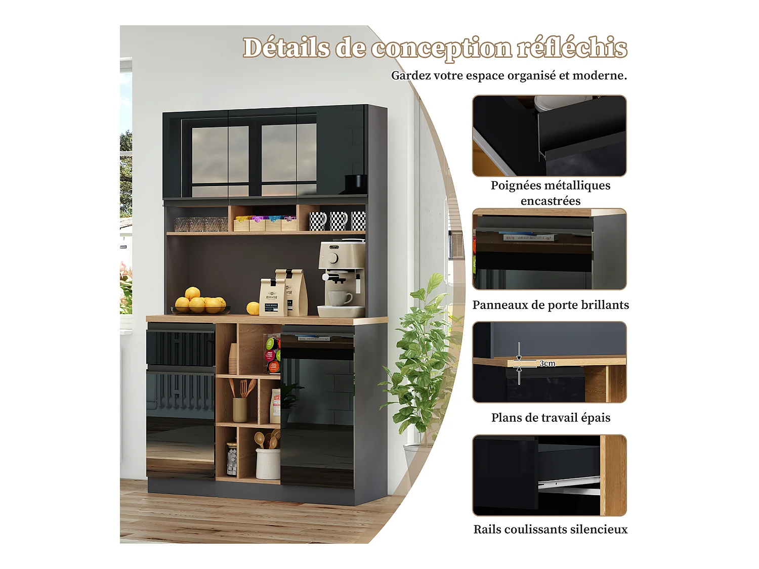 Aparador de cocina de 105 x 45 x 185 cm, mueble de almacenaje con estantes ajustables, para salón, color negro
