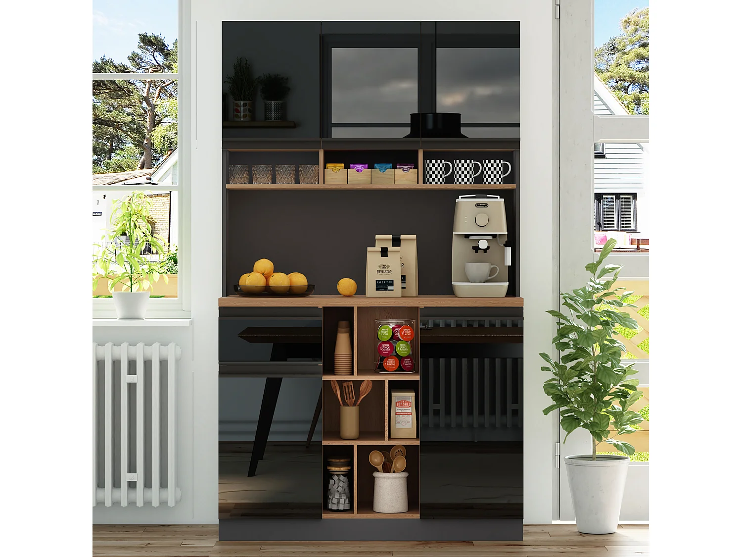 Buffet Cuisine 105x45x185cm, Meuble Cuisine Rangement avec Étagères Réglables, pour Salon, Noir