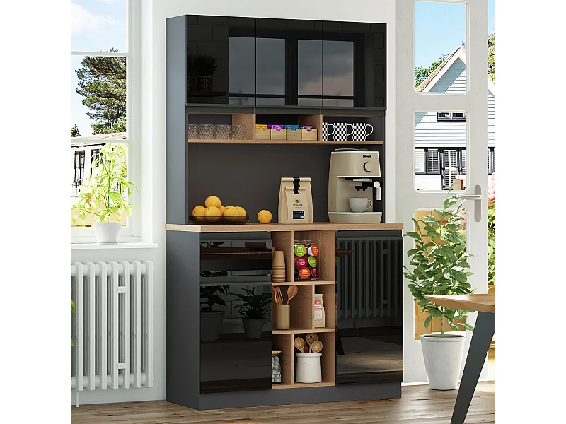 Keukendressoir 105x45x185cm, keukenopbergmeubel met verstelbare planken, voor woonkamer, zwart