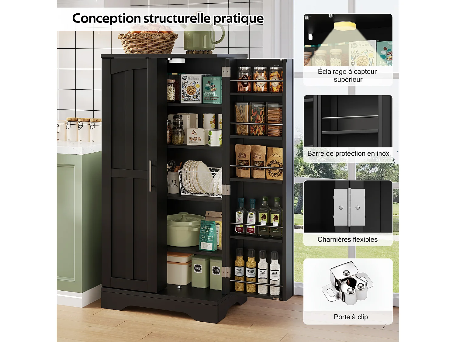 Aparador de cozinha independente, 60 x 40 x 120 cm, armário de cozinha com porta, guarda-corpo, preto