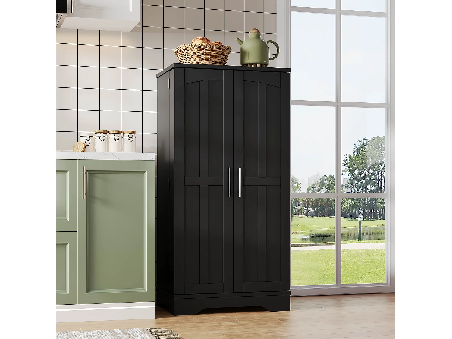 Buffet Cuisine Autoportant, Meuble Cuisine de Rangement 60 x 40 x 120 CM à Porte, Garde-Corps, Noir