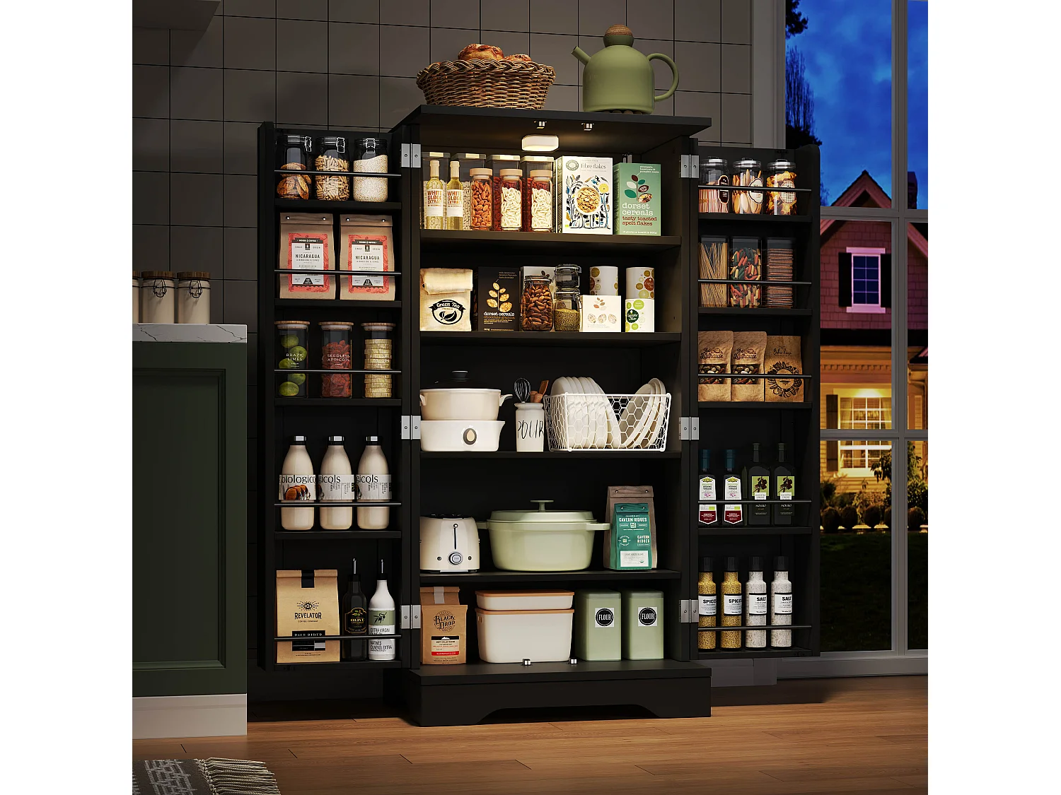 Buffet Cuisine Autoportant, Meuble Cuisine de Rangement 60 x 40 x 120 CM à Porte, Garde-Corps, Noir