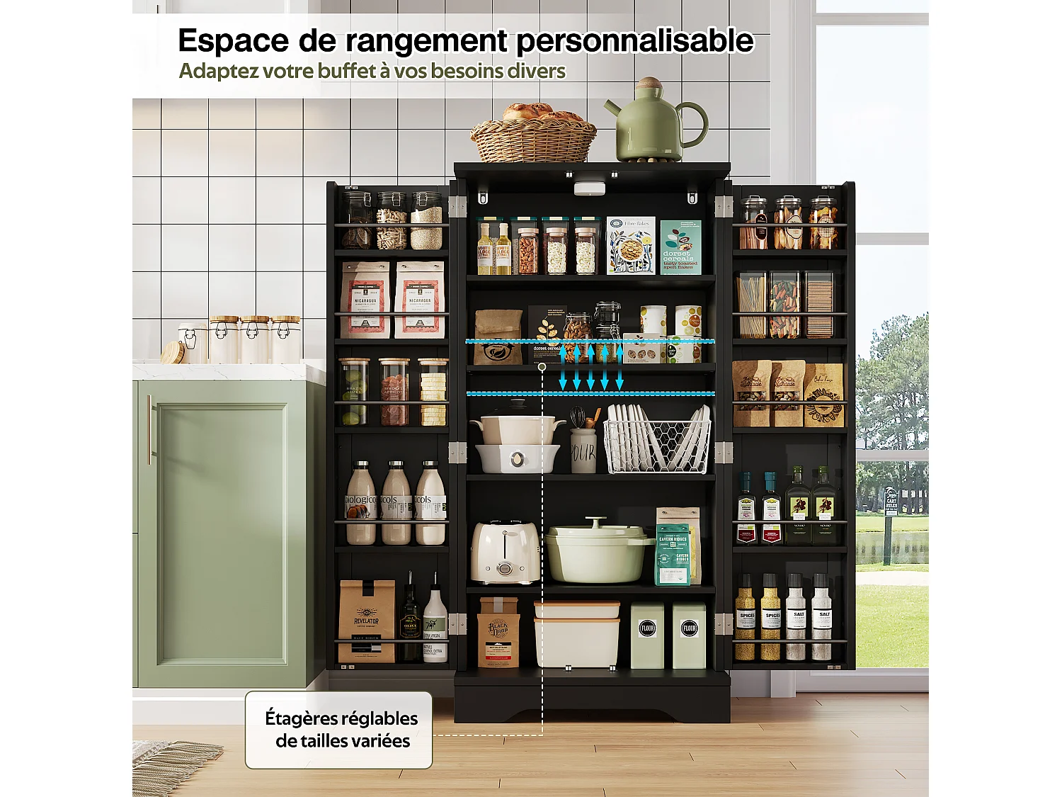 Buffet Cuisine Autoportant, Meuble Cuisine de Rangement 60 x 40 x 120 CM à Porte, Garde-Corps, Noir