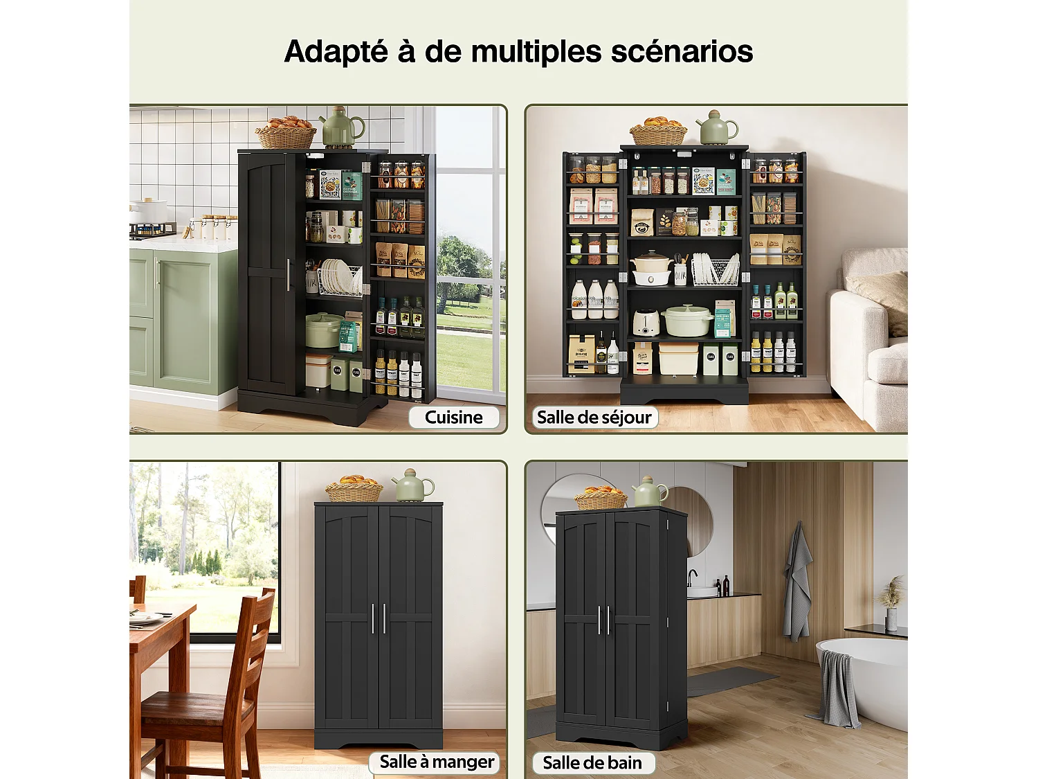 Buffet Cuisine Autoportant, Meuble Cuisine de Rangement 60 x 40 x 120 CM à Porte, Garde-Corps, Noir