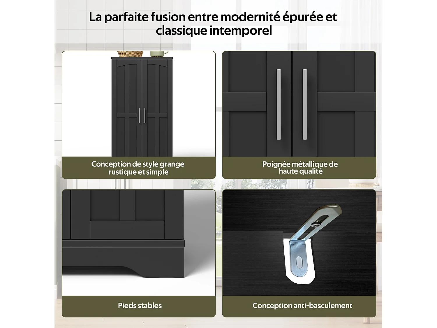 Buffet Cuisine Autoportant, Meuble Cuisine de Rangement 60 x 40 x 120 CM à Porte, Garde-Corps, Noir