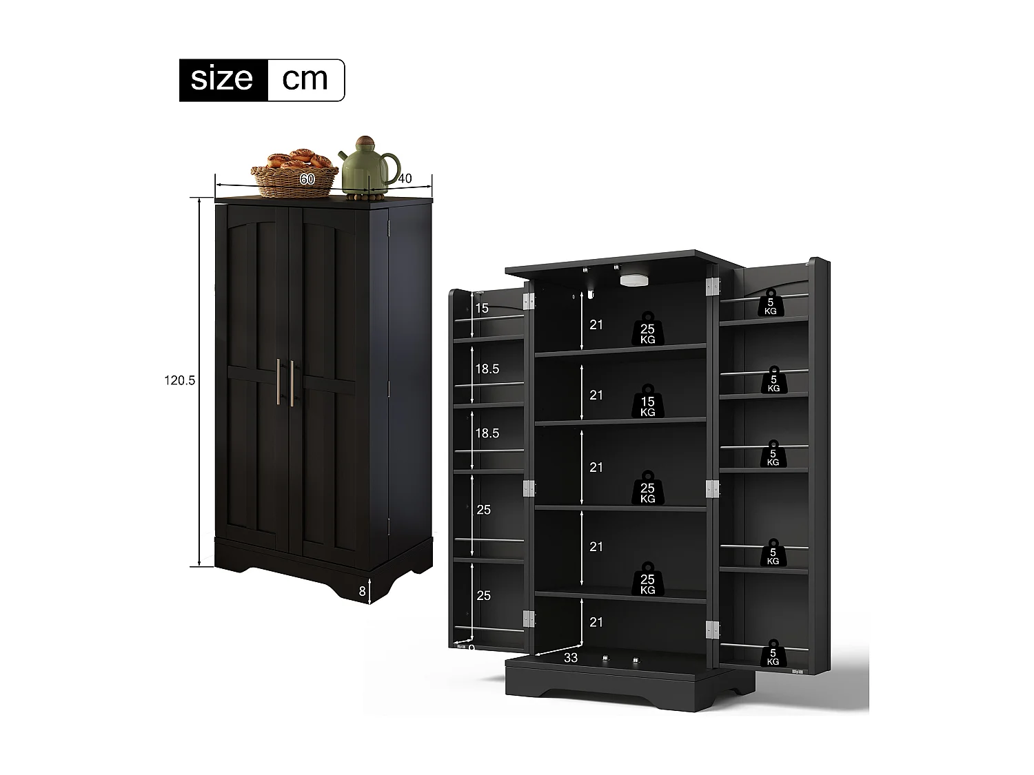 Buffet Cuisine Autoportant, Meuble Cuisine de Rangement 60 x 40 x 120 CM à Porte, Garde-Corps, Noir