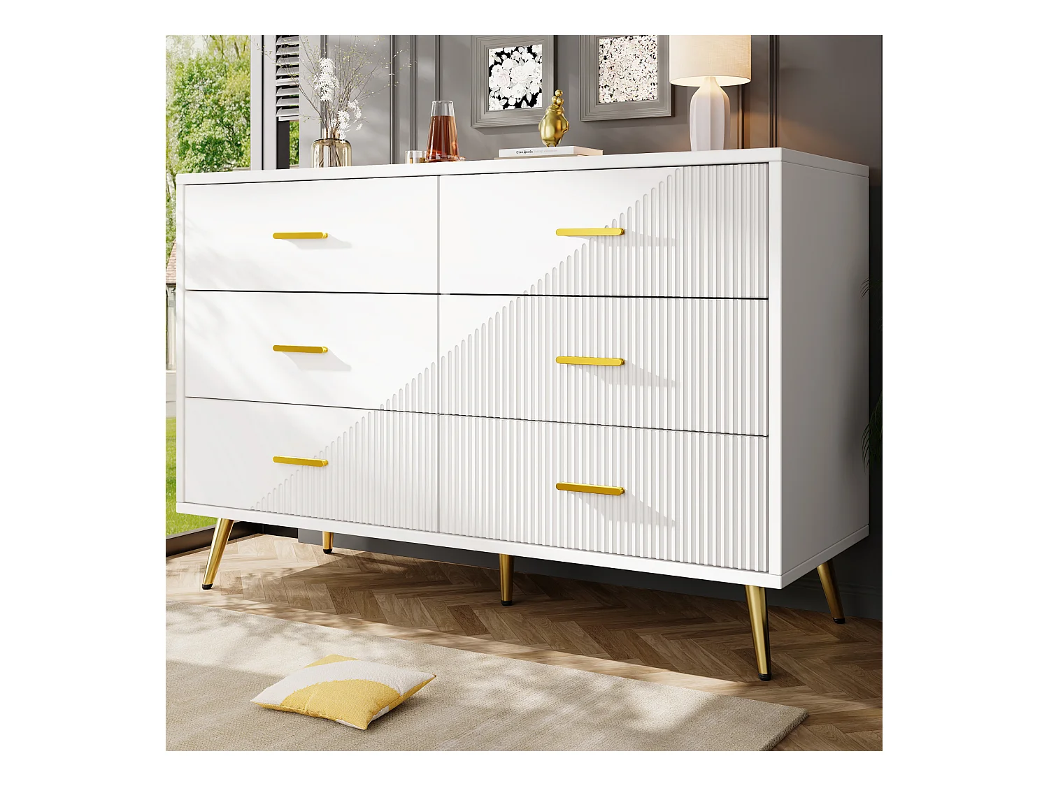 Buffet moderne 6 tiroirs avec décor, pieds dorés, pour chambre, salon, couloir, 120x40x75cm, blanc