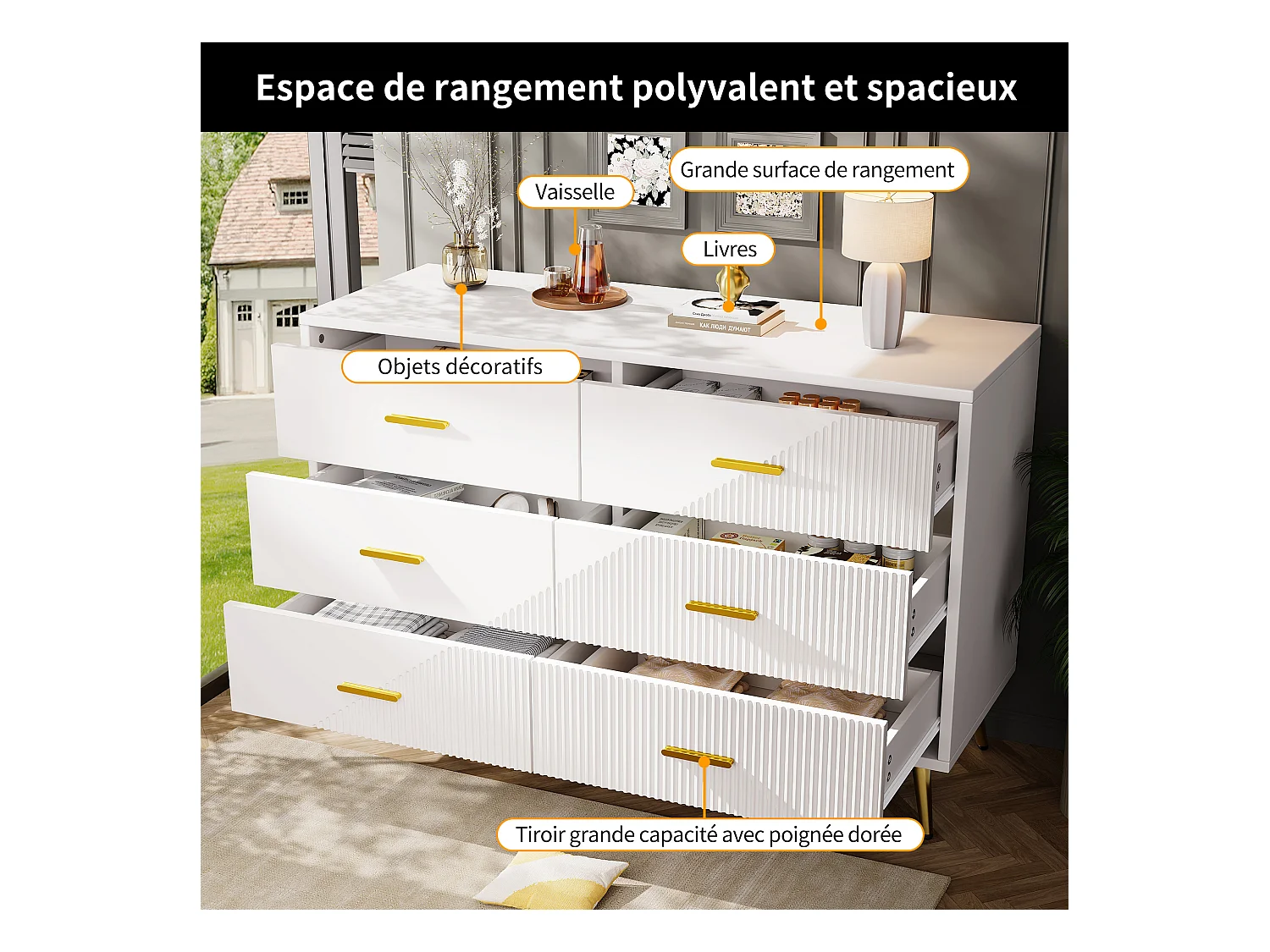 Buffet moderne 6 tiroirs avec décor, pieds dorés, pour chambre, salon, couloir, 120x40x75cm, blanc