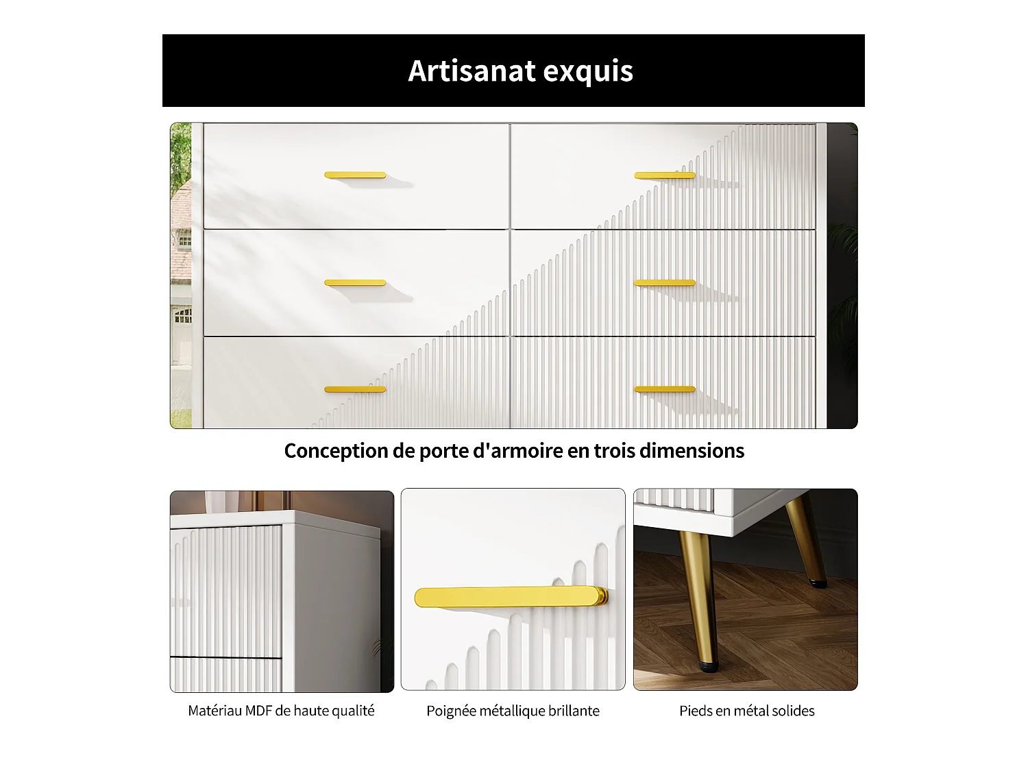 Buffet moderne 6 tiroirs avec décor, pieds dorés, pour chambre, salon, couloir, 120x40x75cm, blanc