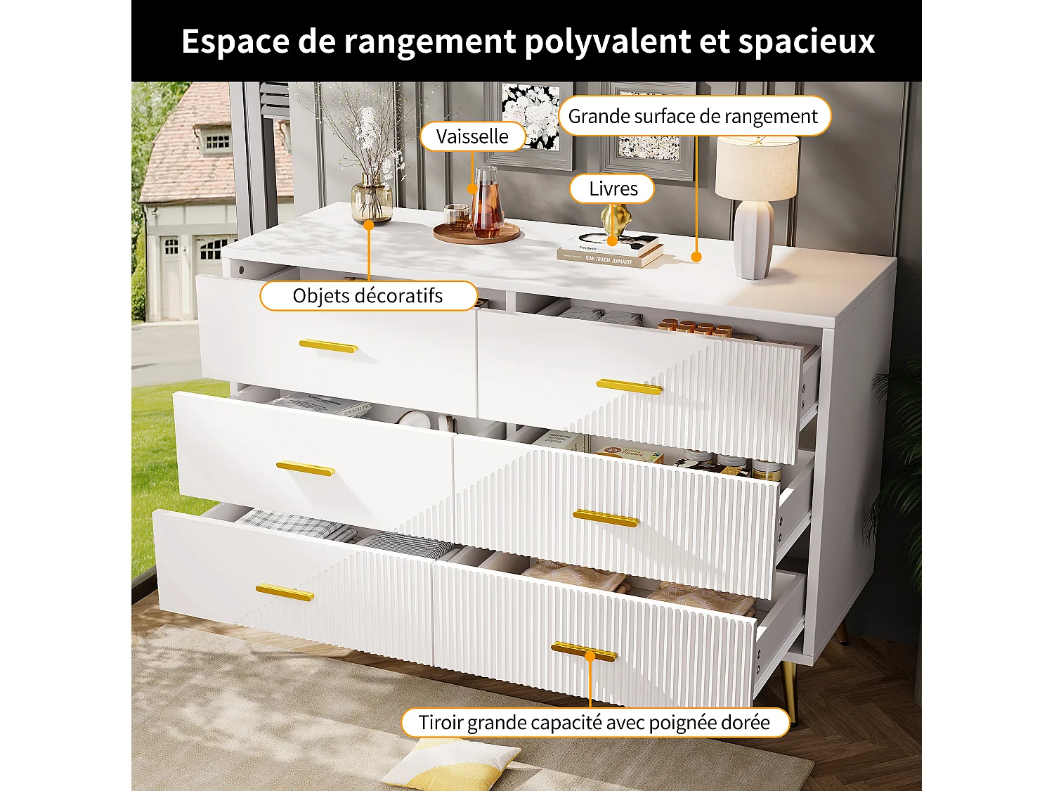 Buffet moderne 6 tiroirs avec décor, pieds dorés, pour chambre, salon, couloir, 120x40x75cm, blanc