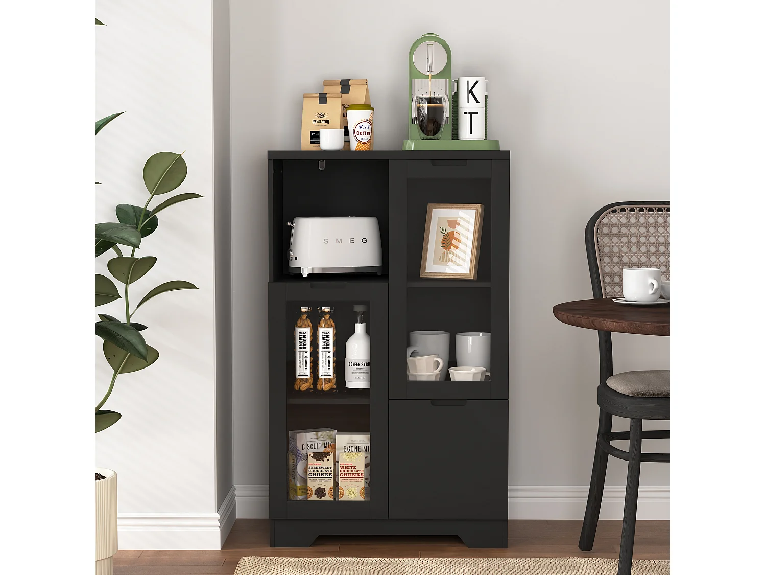 Buffet avec Portes vitrées et tiroirs,Meubles de Rangement pour Le Salon avec étagères Ouvertes,NOir