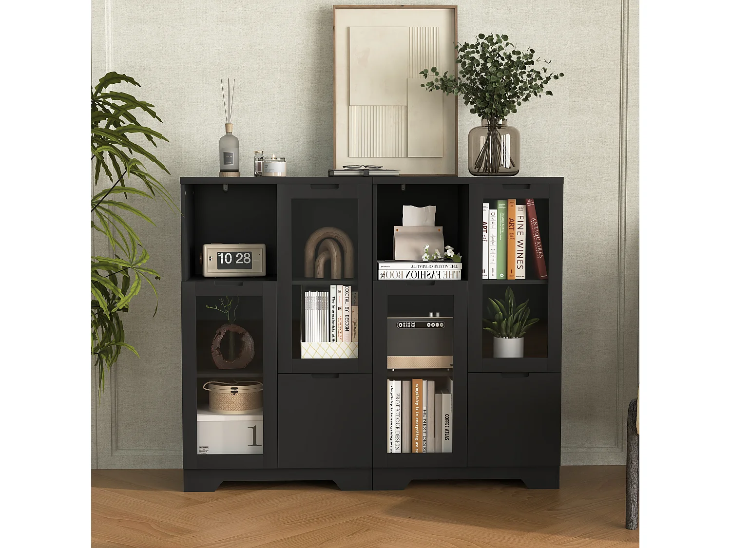 Buffet avec Portes vitrées et tiroirs,Meubles de Rangement pour Le Salon avec étagères Ouvertes,NOir