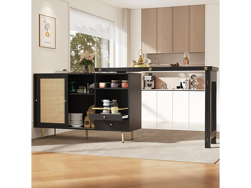 Table haute pivotante 360° noire extensible avec rangement et étagère ouverte, porte en rotin