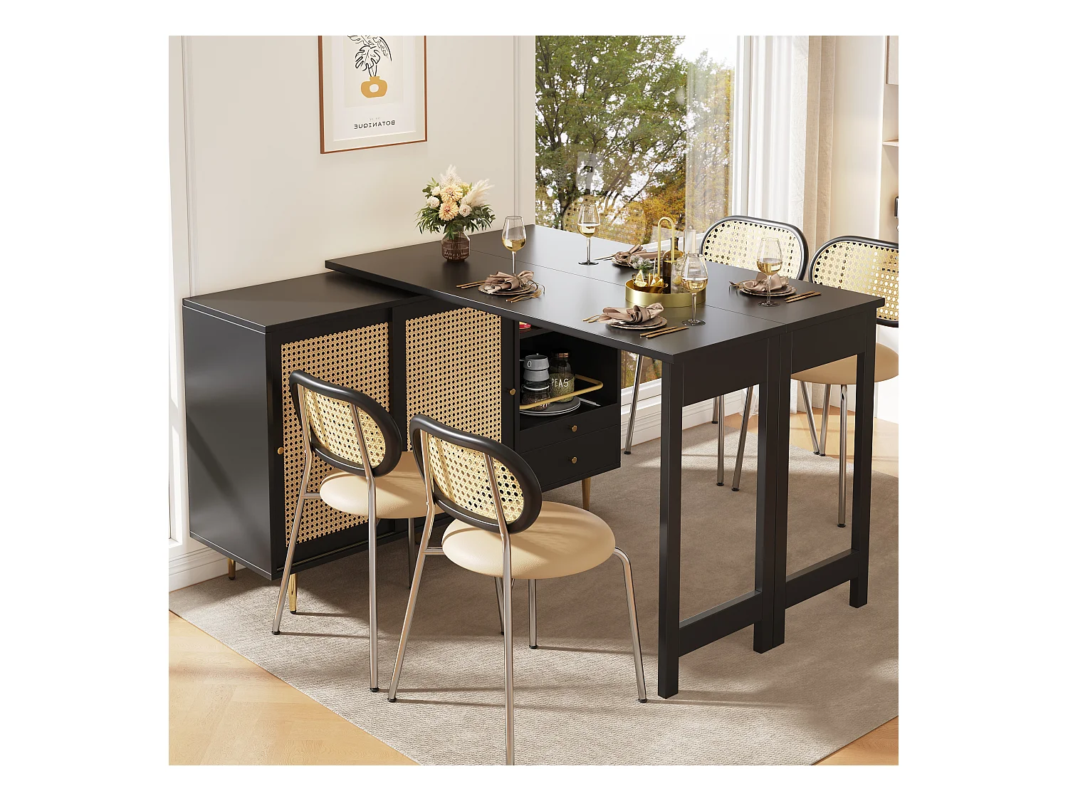 Table haute pivotante 360° noire extensible avec rangement et étagère ouverte, porte en rotin