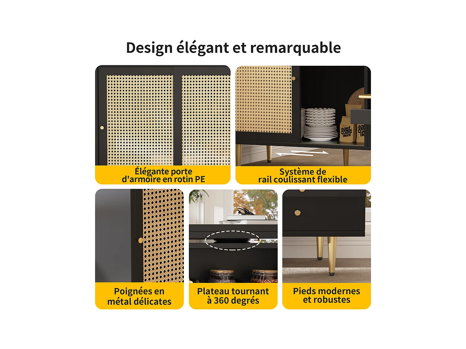 Table haute pivotante 360° noire extensible avec rangement et étagère ouverte, porte en rotin