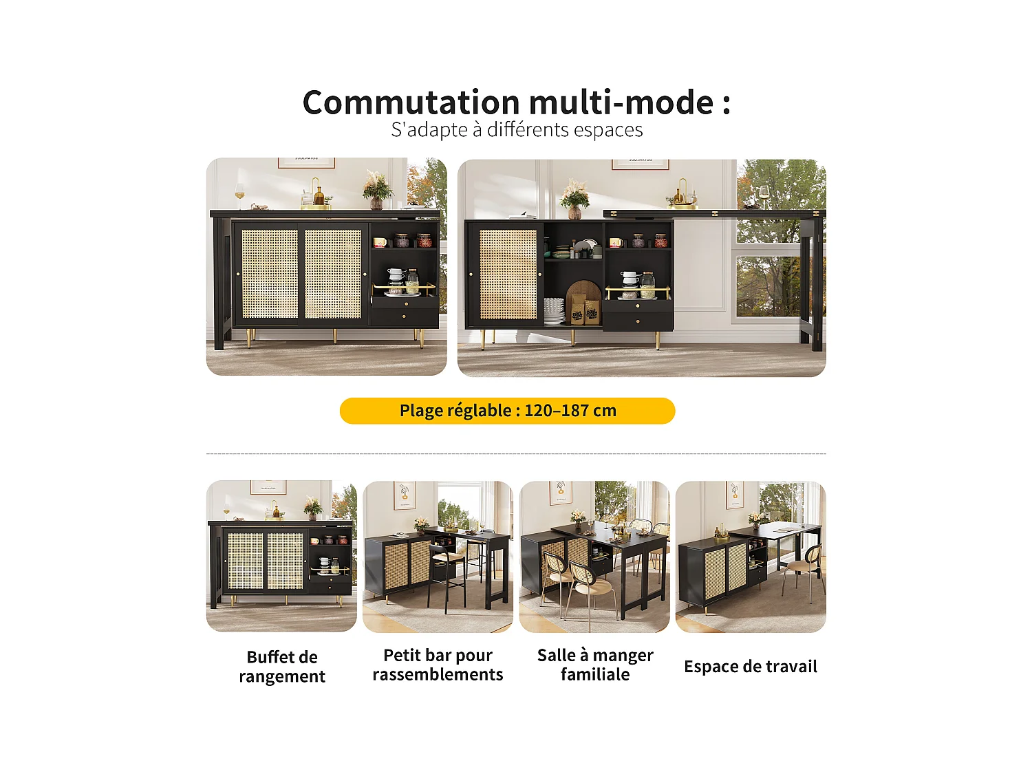 Table haute pivotante 360° noire extensible avec rangement et étagère ouverte, porte en rotin