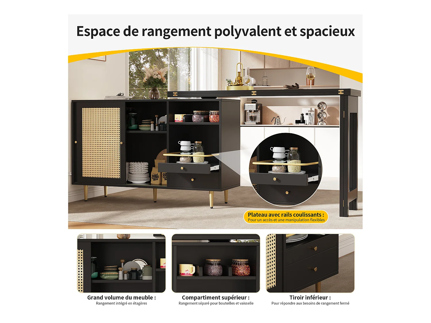 Table haute pivotante 360° noire extensible avec rangement et étagère ouverte, porte en rotin