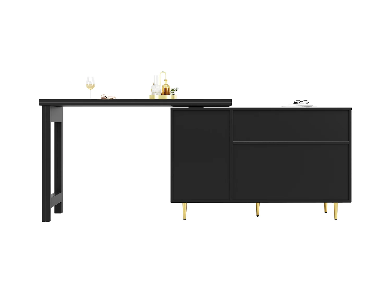 Table haute pivotante 360° noire extensible avec rangement et étagère ouverte, porte en rotin