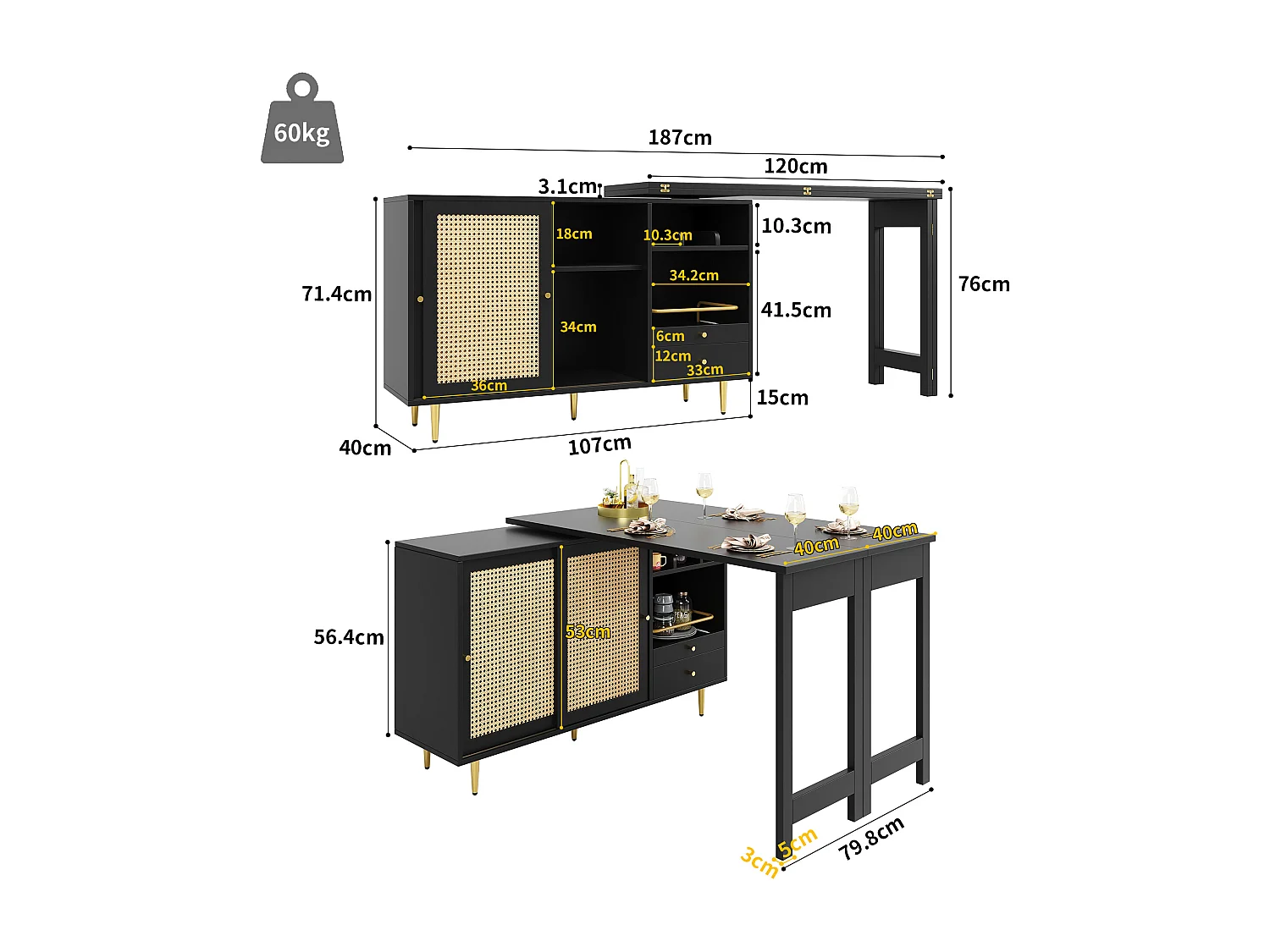 Table haute pivotante 360° noire extensible avec rangement et étagère ouverte, porte en rotin