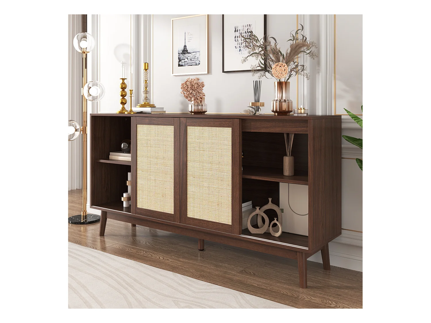 Buffet Salon avec 3 Portes Coulissantes en Rotin Véritable et 2 Tiroirs, Meuble de Rangement, Noyer