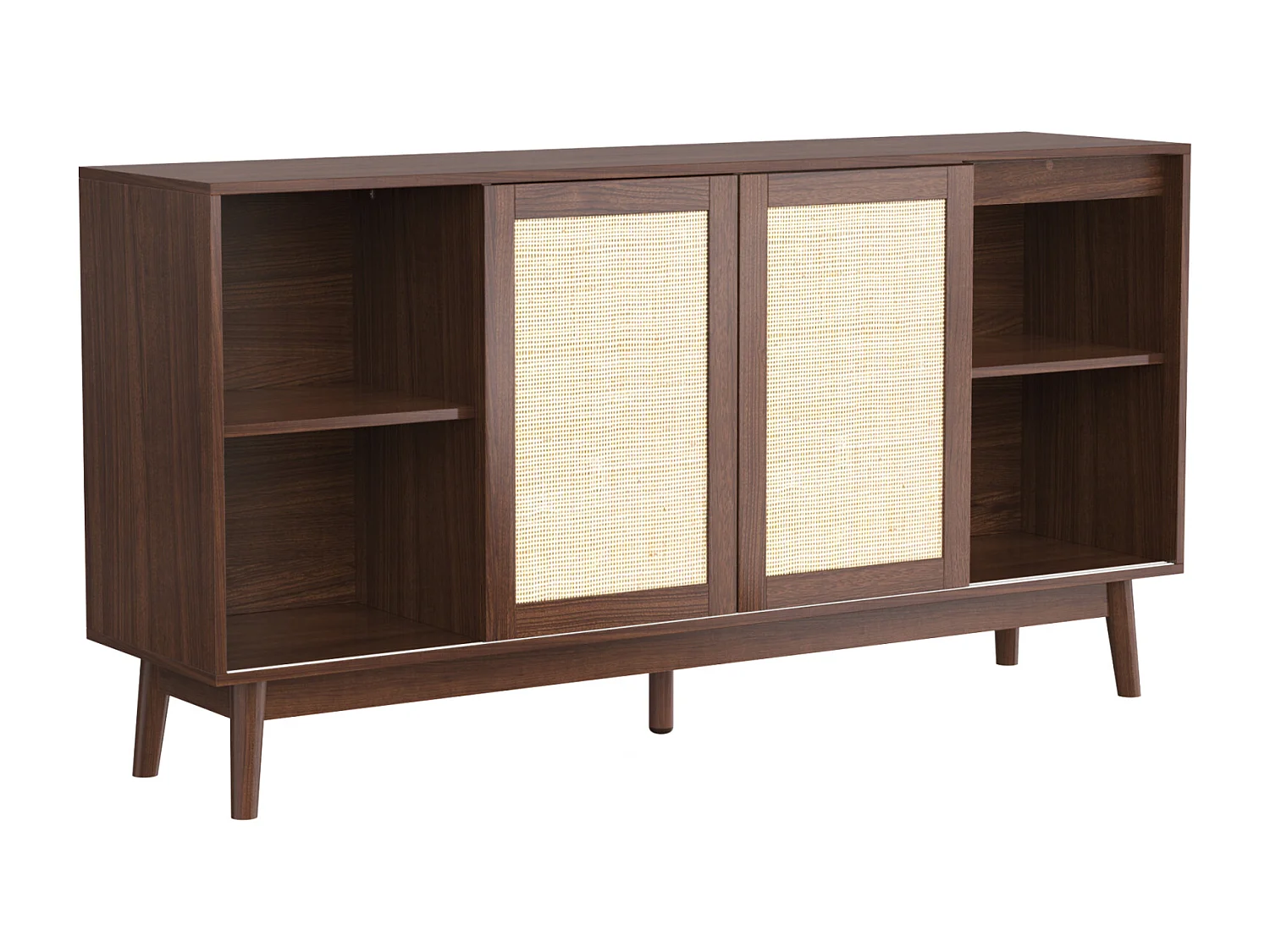 Buffet Salon avec 3 Portes Coulissantes en Rotin Véritable et 2 Tiroirs, Meuble de Rangement, Noyer