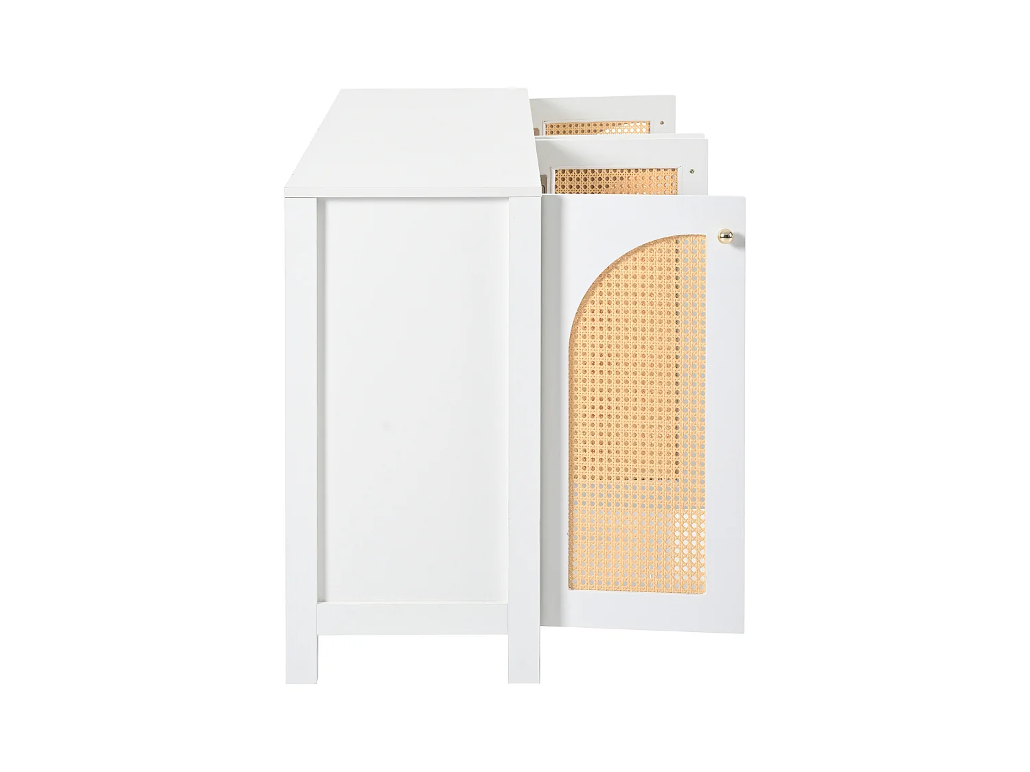 Buffet avec 4 portes en rotin - 145 x 40 x 80 cm - avec étagères réglables - Blanc