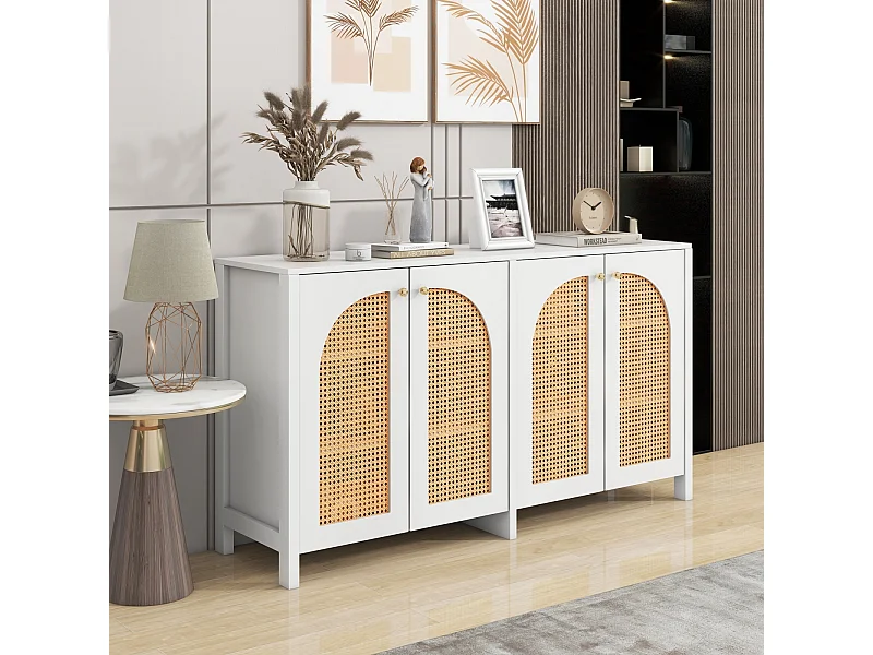 Dressoir met 4 rotandeuren - 145 x 40 x 80 cm - met verstelbare planken - Wit