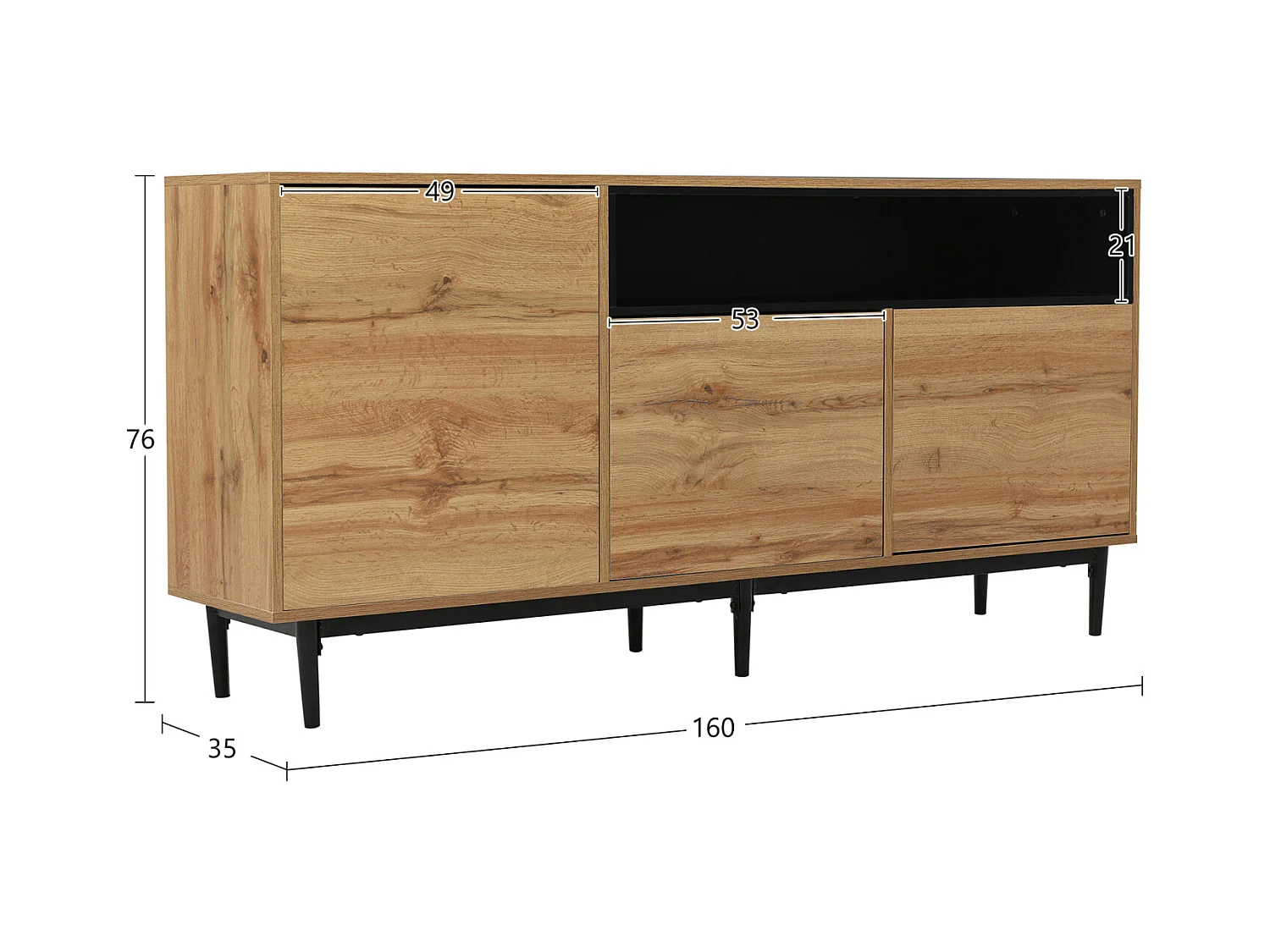 Buffet moderne en bois avec 3 portes et étagères, en bois naturel, commode à tiroirs