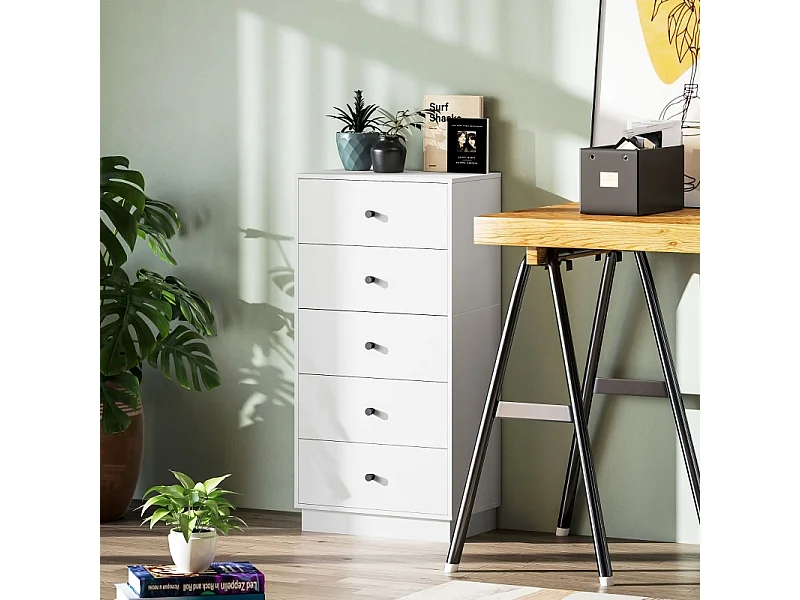 Commode Sideboard avec 5 tiroirs, Armoire à tiroirs Commode pour Salon Couloir 47 x 29 x 95 cm Blanc