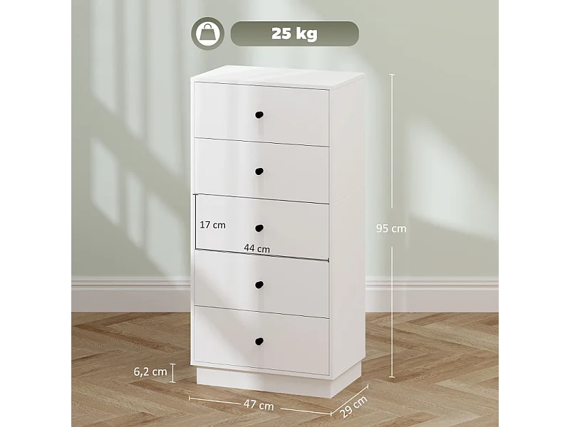Commode Sideboard avec 5 tiroirs, Armoire à tiroirs Commode pour Salon Couloir 47 x 29 x 95 cm Blanc