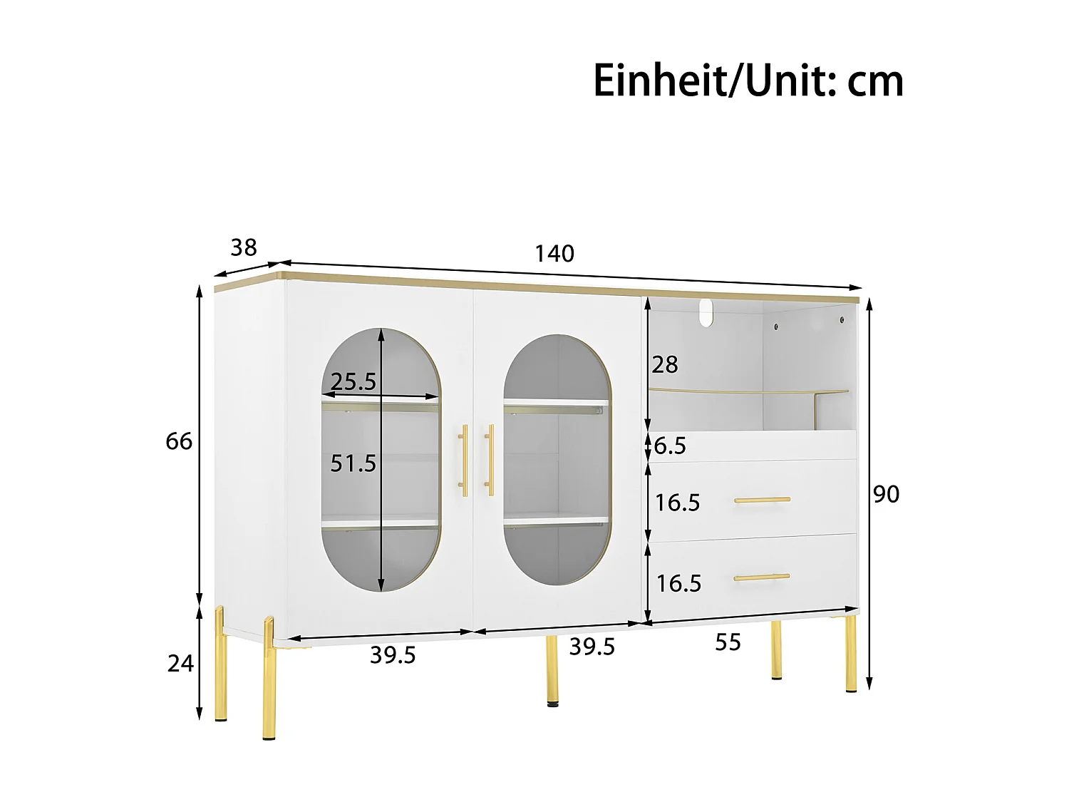 Buffet avec 2 tiroirs et 2 portes vitrées - 140 x 38 x 90 cm - salon et salle à manger - blanc
