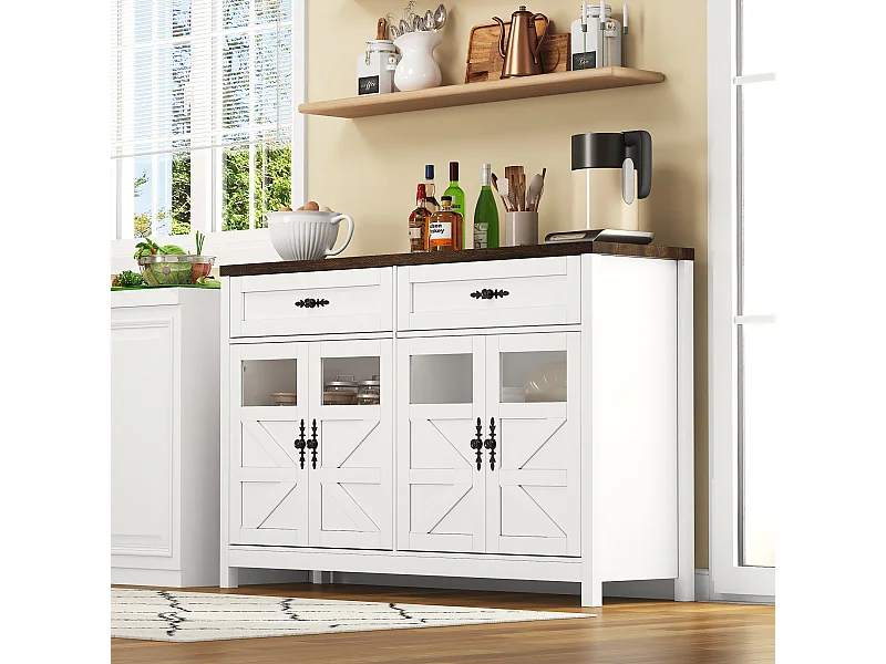 Buffet de cuisine, buffet avec espace de rangement, 4 portes et 2 tiroirs, blanc, 140 x 39 x 90 cm