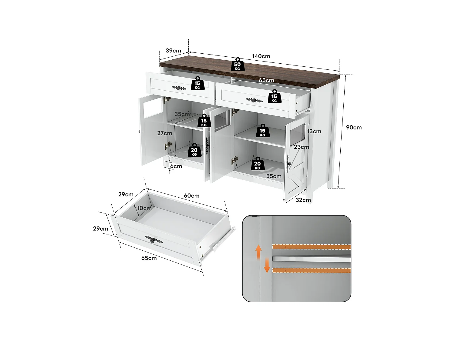 Buffet de cuisine, buffet avec espace de rangement, 4 portes et 2 tiroirs, blanc, 140 x 39 x 90 cm