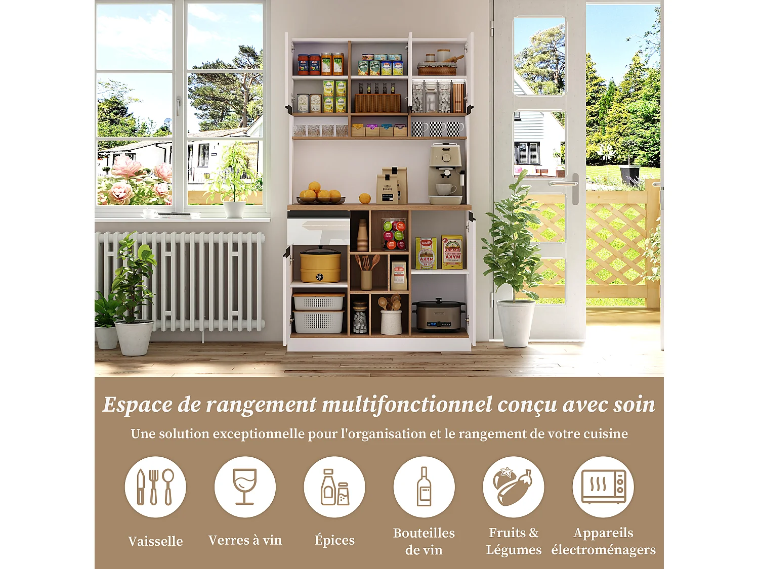 Aparador de cocina de 105 x 45 x 185 cm, mueble de almacenaje con estantes ajustables, para salón, color blanco