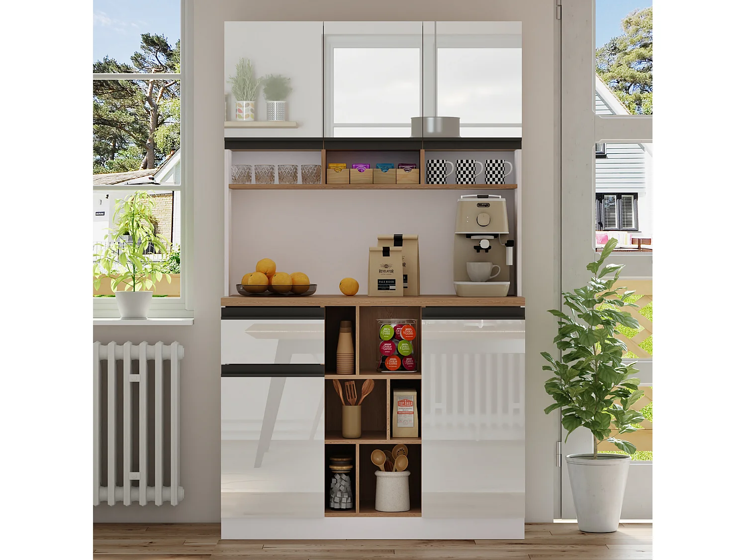 Buffet Cuisine 105x45x185cm, Meuble Cuisine Rangement avec Étagères Réglables, pour Salon, Blanc