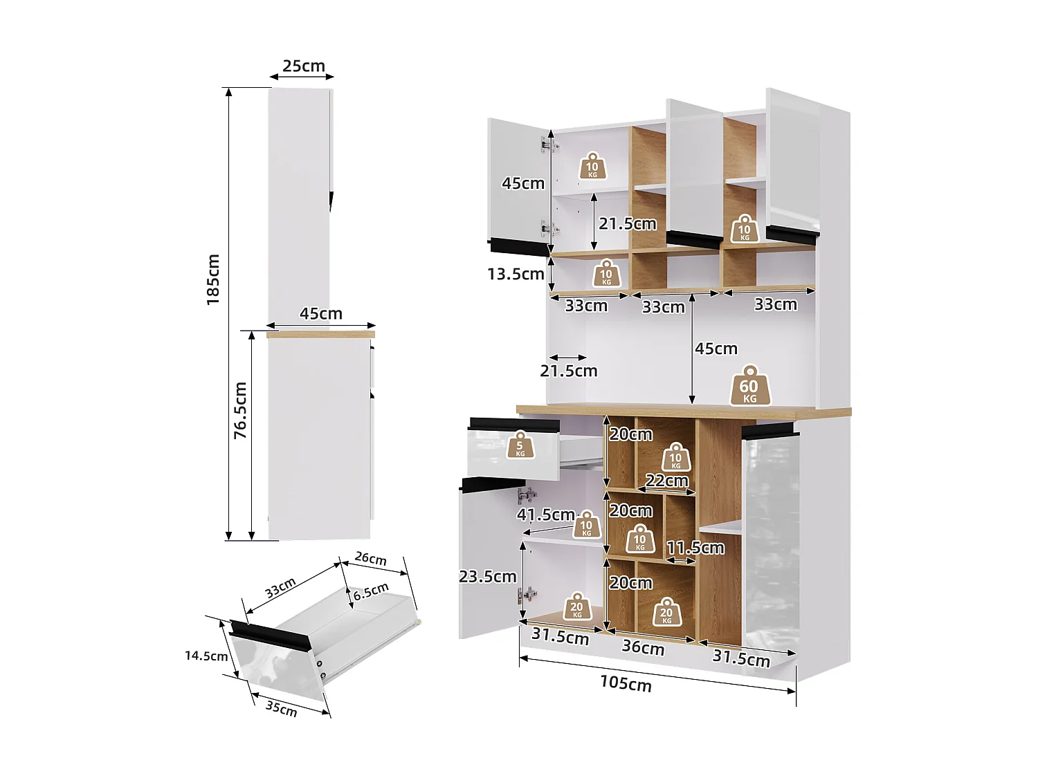 Buffet Cuisine 105x45x185cm, Meuble Cuisine Rangement avec Étagères Réglables, pour Salon, Blanc