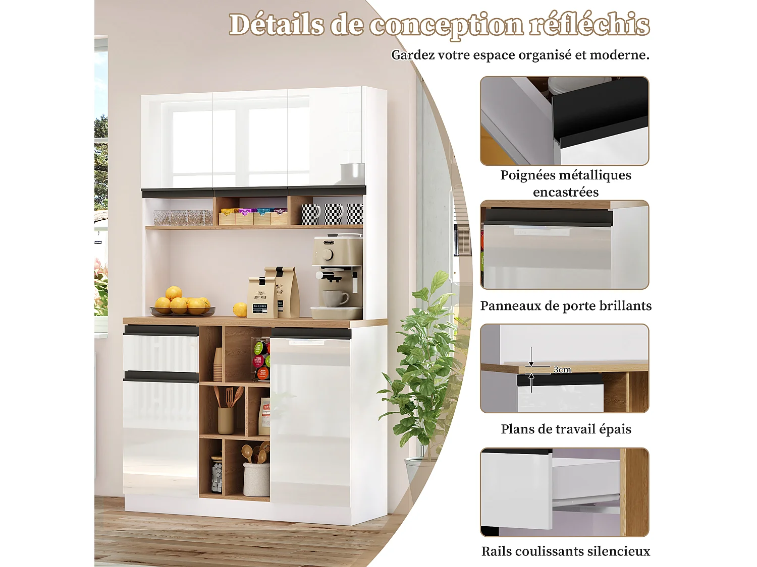 Buffet Cuisine 105x45x185cm, Meuble Cuisine Rangement avec Étagères Réglables, pour Salon, Blanc