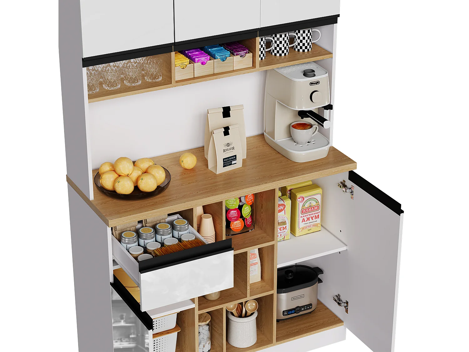Buffet Cuisine 105x45x185cm, Meuble Cuisine Rangement avec Étagères Réglables, pour Salon, Blanc