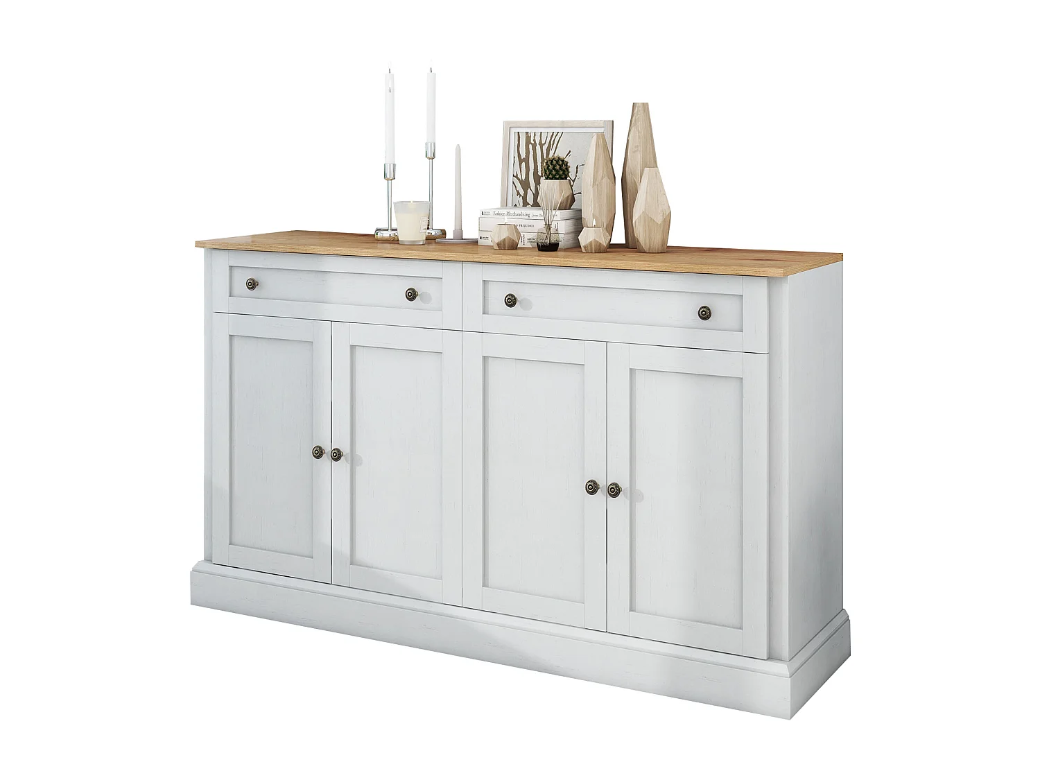 Moderne stijl 4-deurs 2-laden dressoir, 150x86x40 cm, voor woonkamer en eetkamer, wit + hout