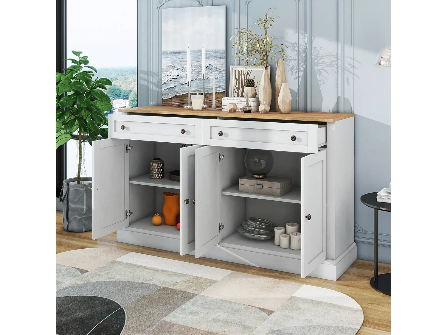 Moderne stijl 4-deurs 2-laden dressoir, 150x86x40 cm, voor woonkamer en eetkamer, wit + hout