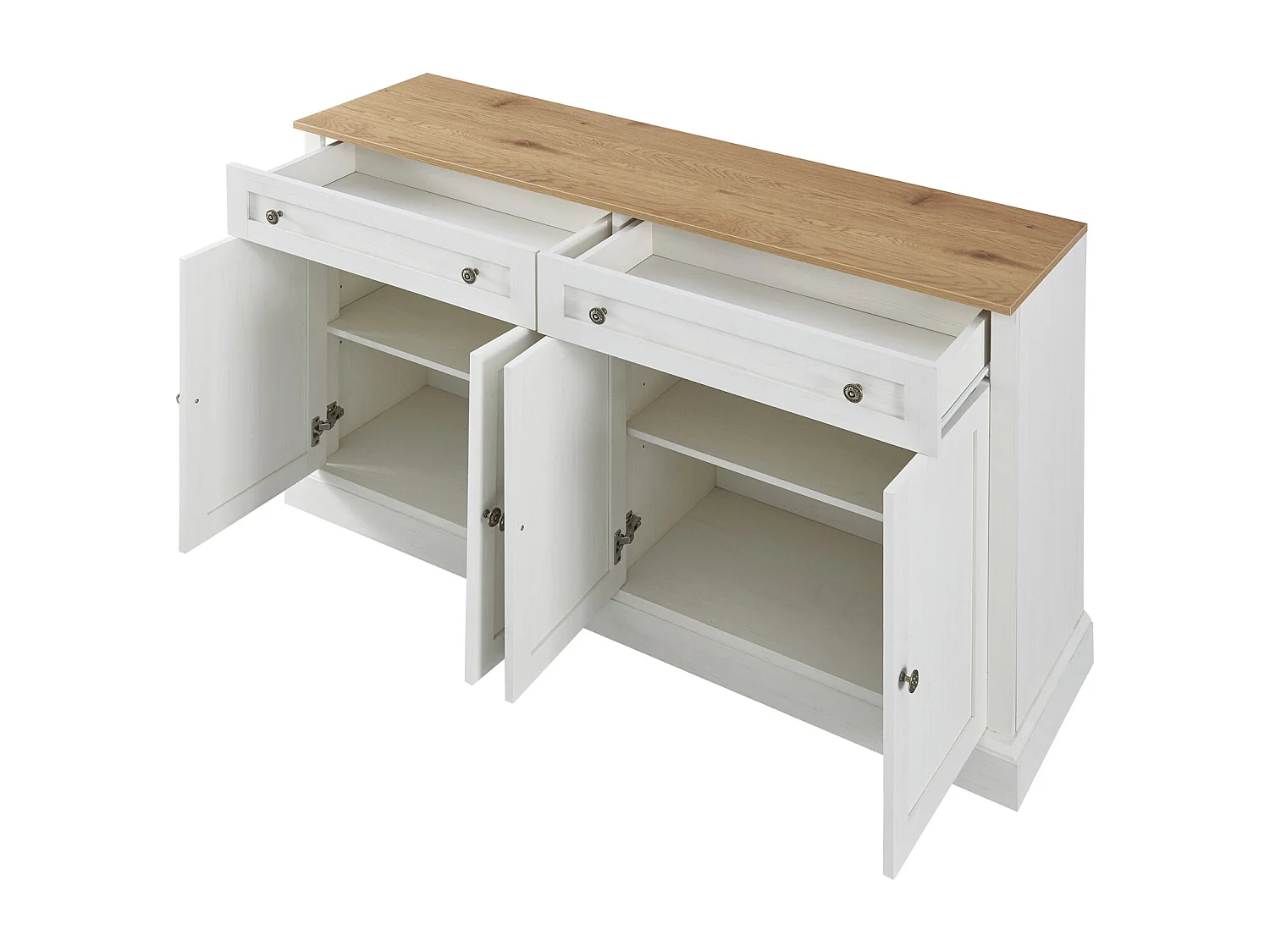 Moderne stijl 4-deurs 2-laden dressoir, 150x86x40 cm, voor woonkamer en eetkamer, wit + hout