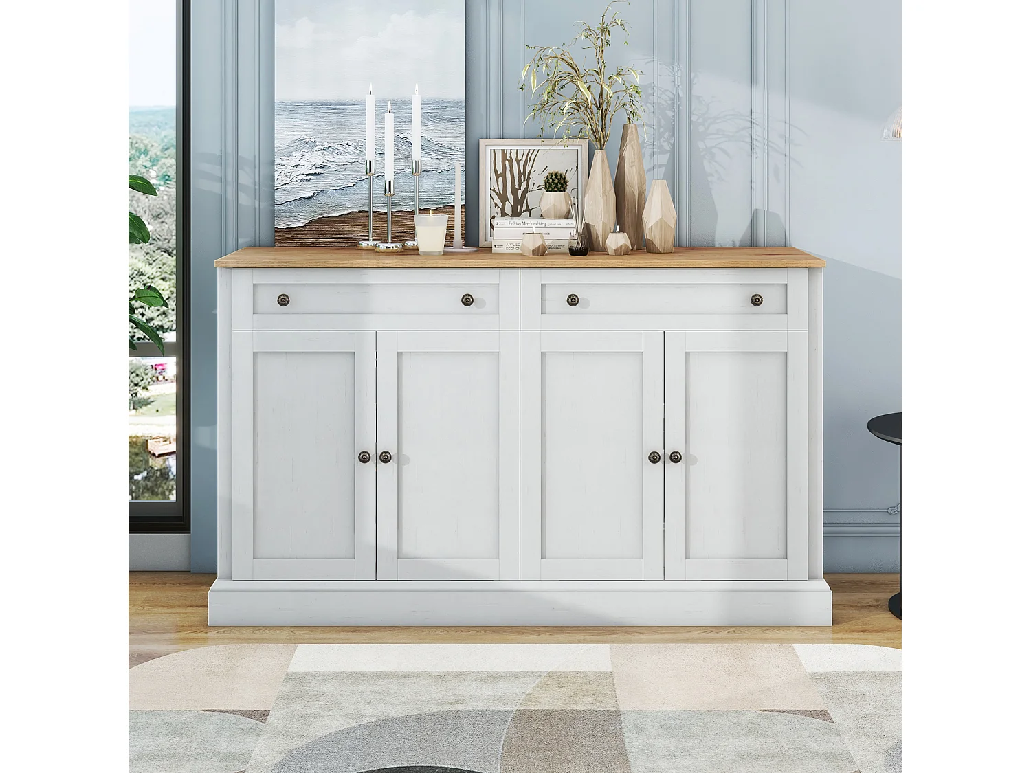 Moderne stijl 4-deurs 2-laden dressoir, 150x86x40 cm, voor woonkamer en eetkamer, wit + hout