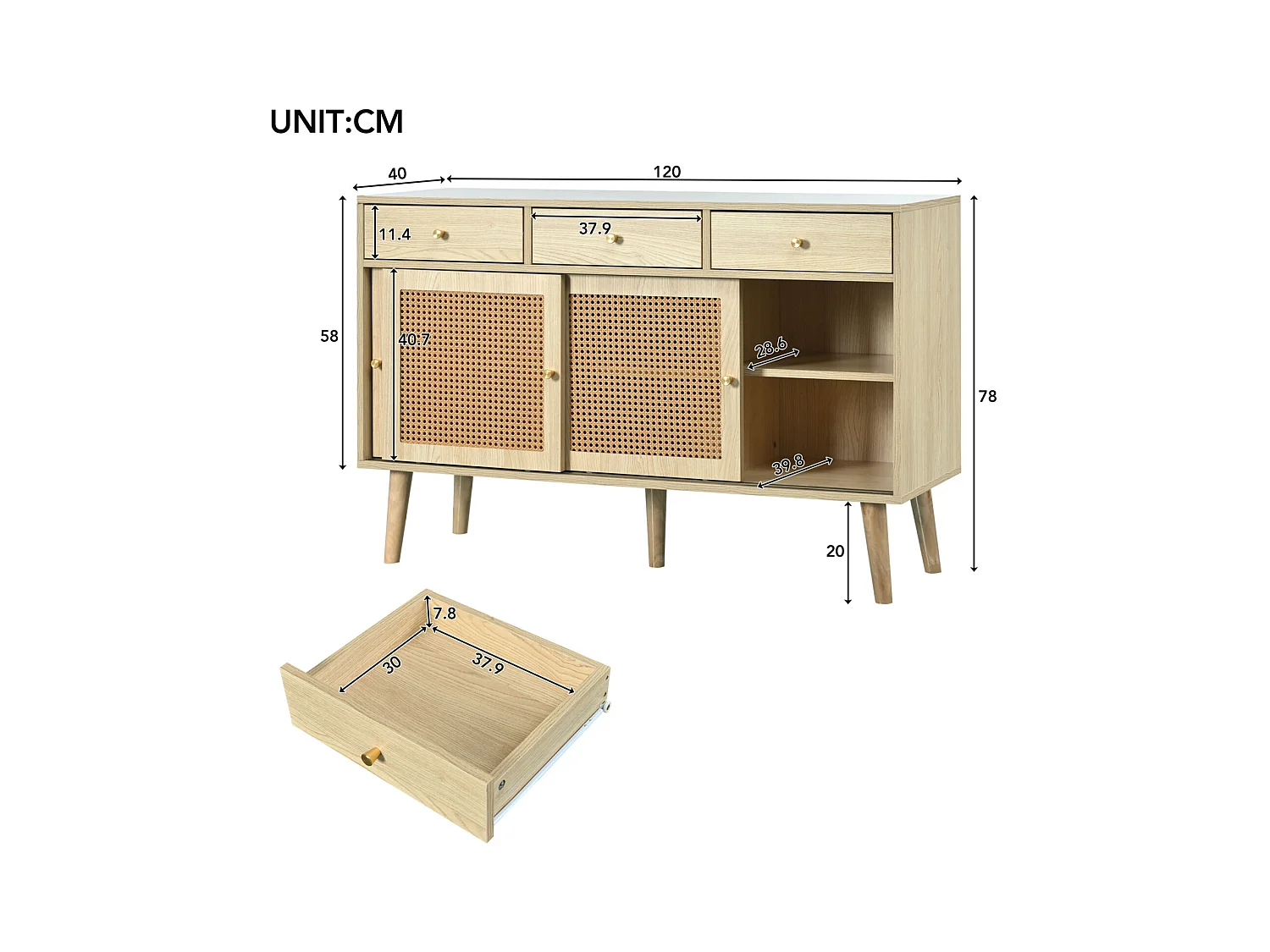 Aparador con 3 cajones, 3 puertas correderas de ratán, estantes regulables, roble, 120x40x78 cm