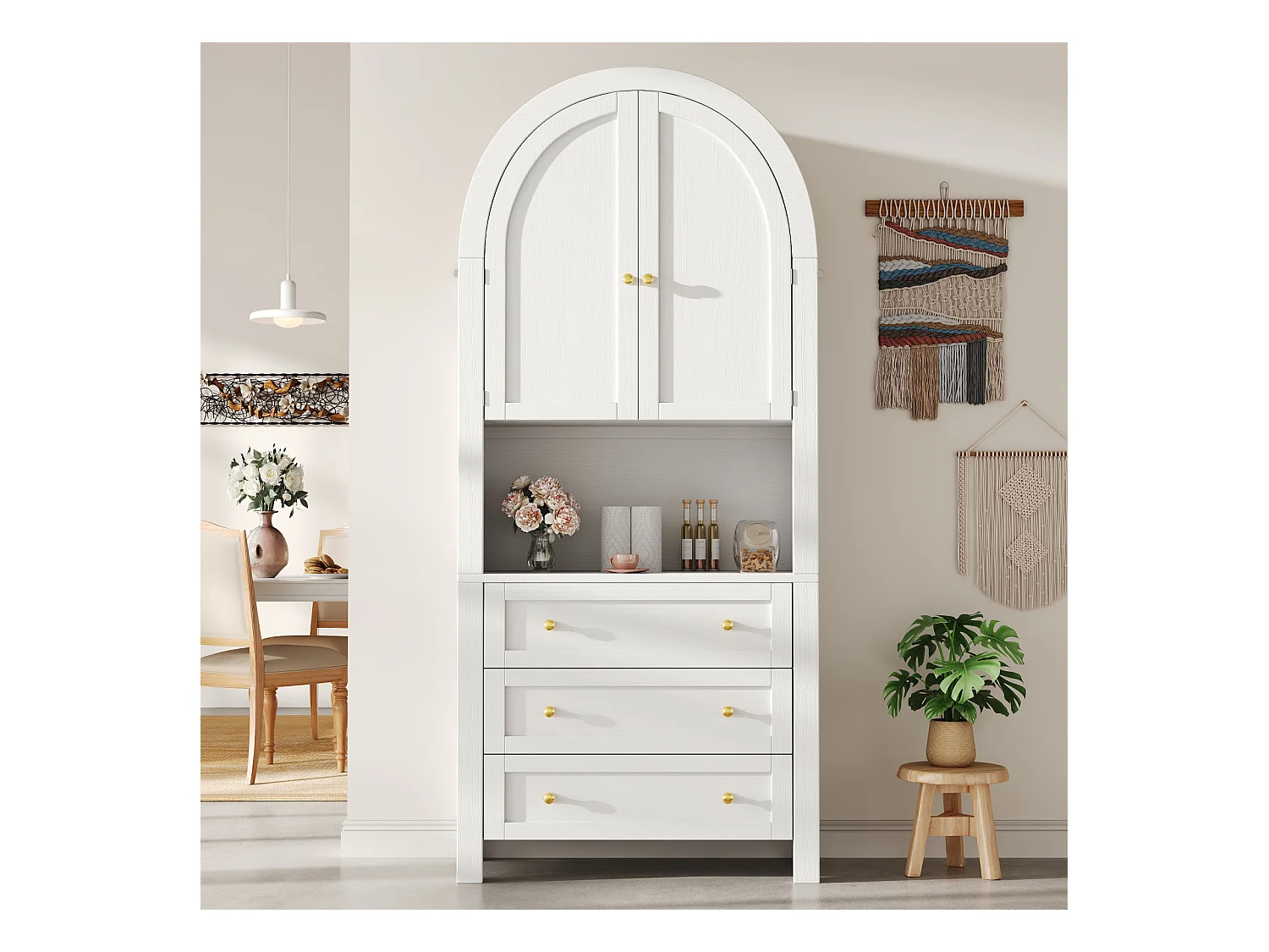 Aparador alto de almacenaje - 70 x 35 x 180 cm - arqueado con 3 cajones y 2 puertas - MDF - blanco