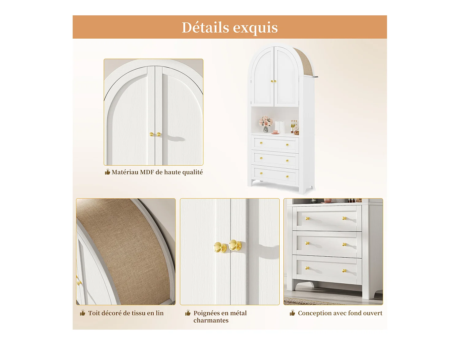 Aparador alto de almacenaje - 70 x 35 x 180 cm - arqueado con 3 cajones y 2 puertas - MDF - blanco