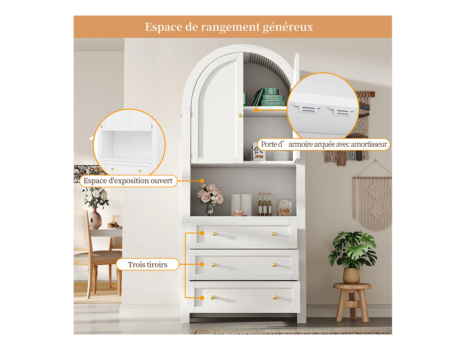 Aparador alto de almacenaje - 70 x 35 x 180 cm - arqueado con 3 cajones y 2 puertas - MDF - blanco