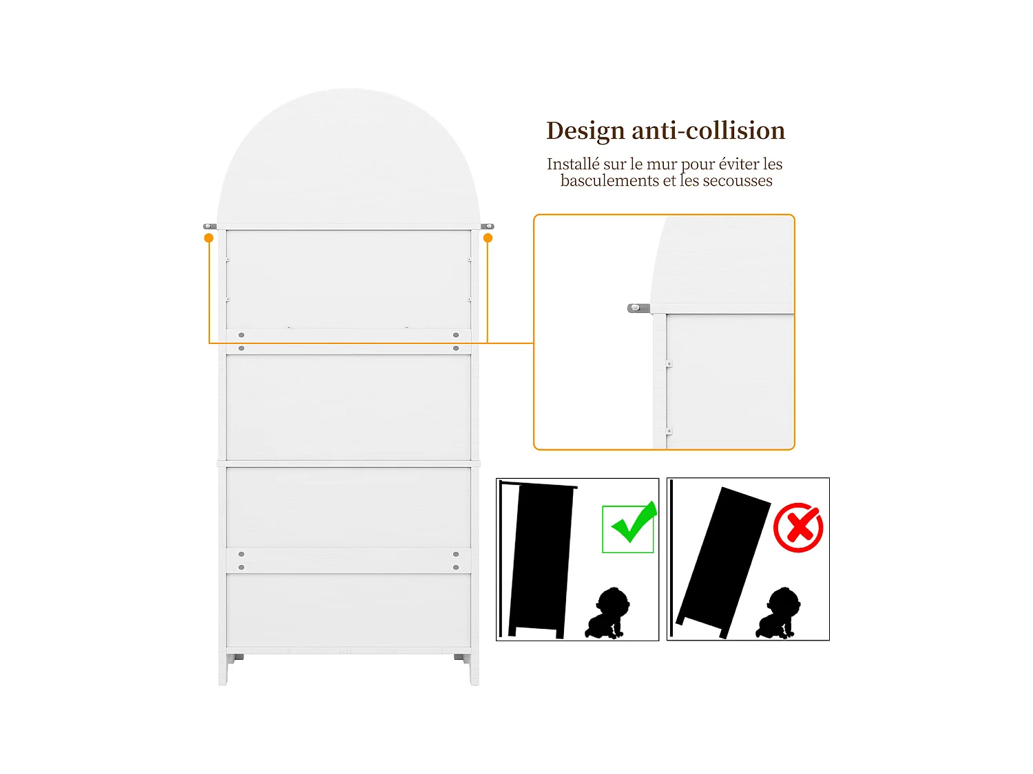 Aparador alto de almacenaje - 70 x 35 x 180 cm - arqueado con 3 cajones y 2 puertas - MDF - blanco