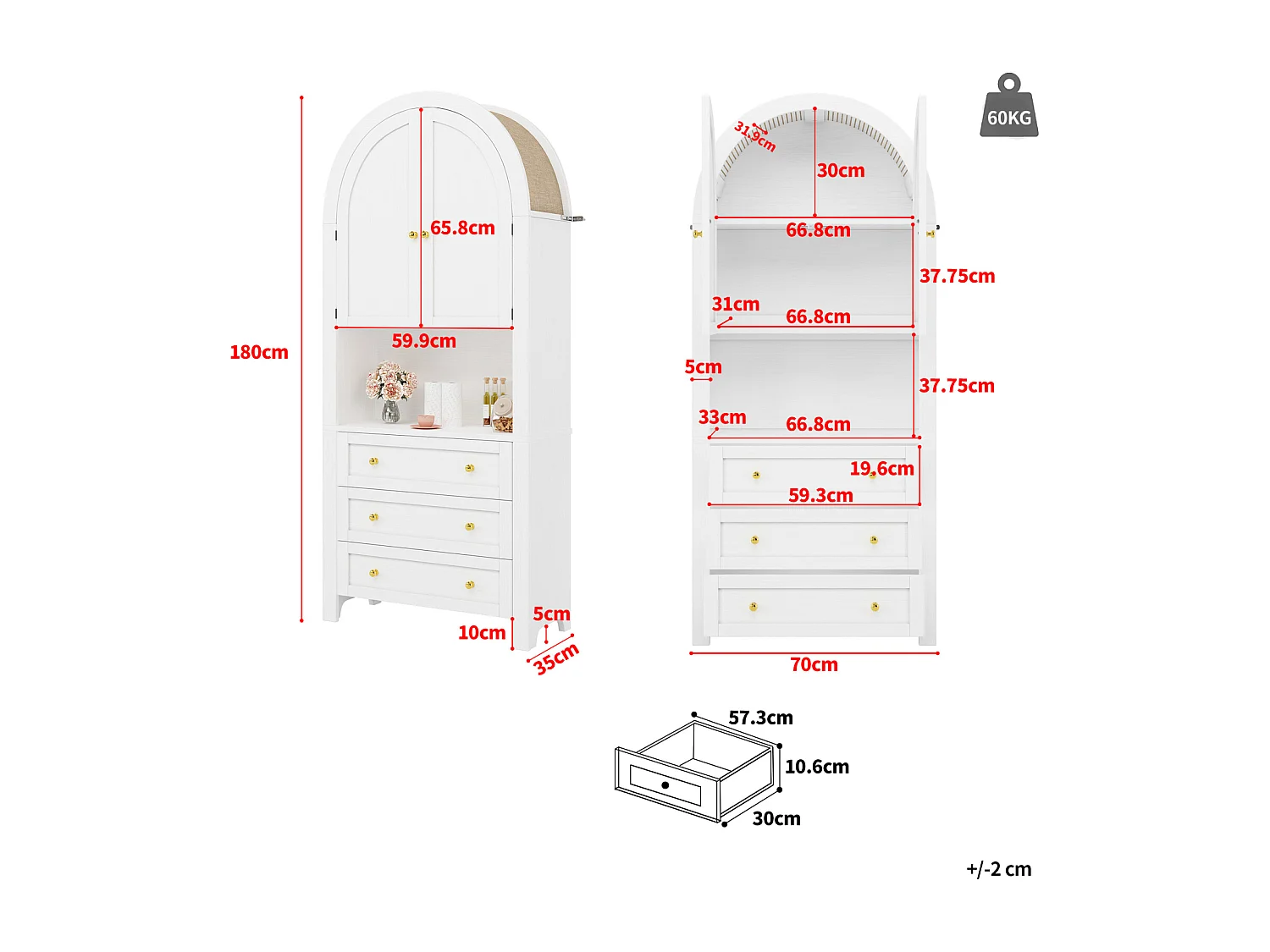 Buffet haute de rangement - 70 x 35 x 180 cm - en arc avec 3 tiroirs et 2 portes - MDF - blanc